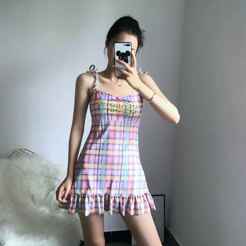 Unzzy Purple Plaid Dress Swimsuit KF81227 HOT SALE 3 Unzzy Purple Plaid Dress Swimsuit KF81227 HOT SALE