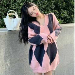 Unzzy HOT SALE V-neck Color-block Sweater KF82265