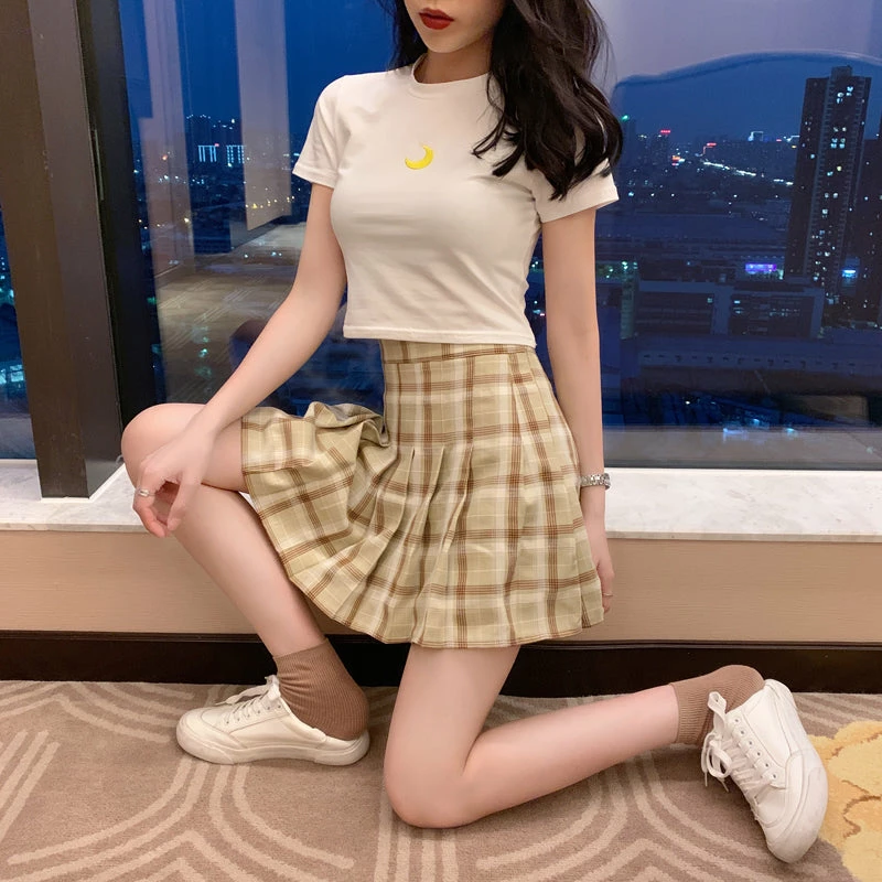 Unzzy HOT SALE Embroidered T-shirt + Plaid Pleated Skirt KF90649 4 Unzzy HOT SALE Embroidered T-shirt + Plaid Pleated Skirt KF90649