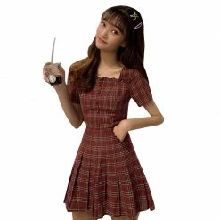 Unzzy Chic T-shirt + Plaid Skirt KF90661 HOT SALE