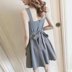 Unzzy HOT SALE Bow Plaid High Waist Strap Dress KF30364