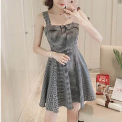 Unzzy HOT SALE Bow Plaid High Waist Strap Dress KF30364