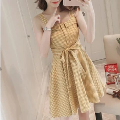 Unzzy HOT SALE Bow Plaid High Waist Strap Dress KF30364