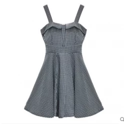 Unzzy HOT SALE Bow Plaid High Waist Strap Dress KF30364