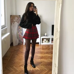 Unzzy HOT SALE High Waist Lattice Pleated Skirt KF50102