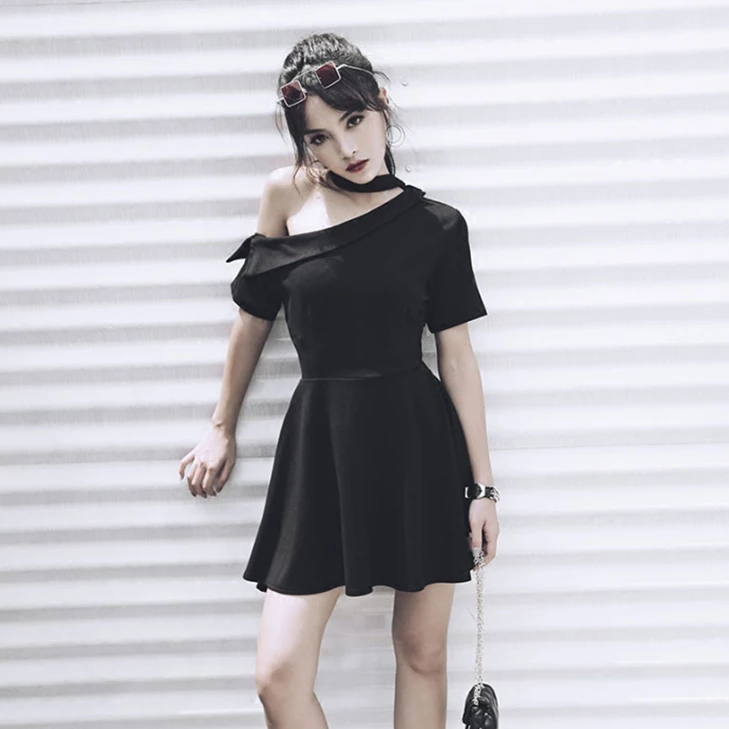 Unzzy Leaking Shoulder Black Dress KF90328 HOT SALE 2 Unzzy Leaking Shoulder Black Dress KF90328 HOT SALE