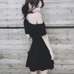 Unzzy Leaking Shoulder Black Dress KF90328 HOT SALE 6 Unzzy Leaking Shoulder Black Dress KF90328 HOT SALE