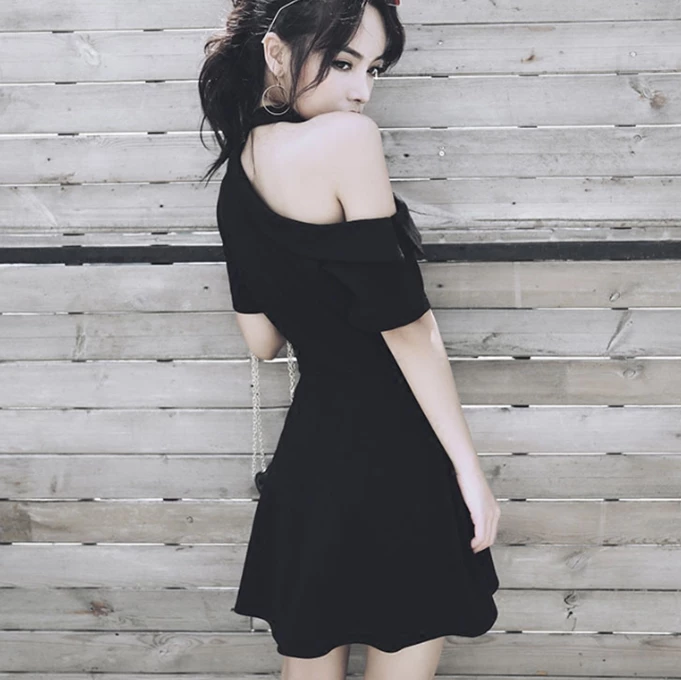 Unzzy Leaking Shoulder Black Dress KF90328 HOT SALE 3 Unzzy Leaking Shoulder Black Dress KF90328 HOT SALE