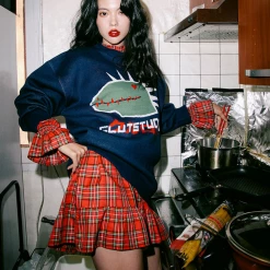 Unzzy Cartoon Sweater + Red Plaid Skirt KF9533 HOT SALE