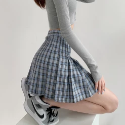 Unzzy Blue Plaid Pleated Skirt KF81928 HOT SALE