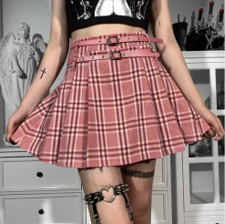 Unzzy HOT SALE Pink Plaid Skirt + Belt KF82387