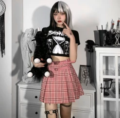 Unzzy HOT SALE Pink Plaid Skirt + Belt KF82387