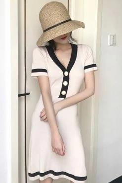 Unzzy V-neck Short-sleeved Knit Dress KF2356 HOT SALE