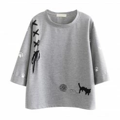 Unzzy Cat Embroidery Cropped Sleeve T-shirt KF30263