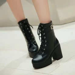 Unzzy HOT SALE Black Leather Boots High Heel Shoes KF2201