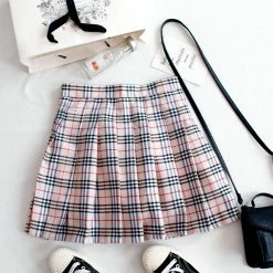 Unzzy Apricot Grid Pleated Skirt KF50006