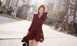 Unzzy Fashionable Red Plaid Dress KF26006