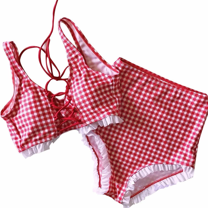 Unzzy Harajuku Pink Plaid Swimsuit KF81235 5 Unzzy Harajuku Pink Plaid Swimsuit KF81235