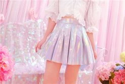 Unzzy Harajuku Laser PU High Waist Pleated Skirt KF20055
