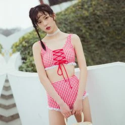 Unzzy Harajuku Pink Plaid Swimsuit KF81235