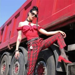 Unzzy HOT SALE Red Plaid Pants KF9515