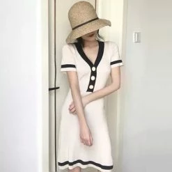 Unzzy V-neck Short-sleeved Knit Dress KF2356 HOT SALE