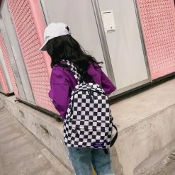 Unzzy Bags/Backpack Black And White Checkerboard Plaid Backpack KF50125