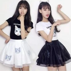 Unzzy Cute Cat Sister T -Shirt And Skirt Set KF26010