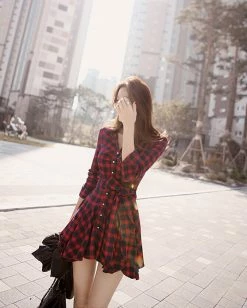 Unzzy Fashionable Red Plaid Dress KF26006
