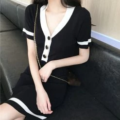 Unzzy V-neck Short-sleeved Knit Dress KF2356 HOT SALE