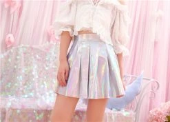 Unzzy Harajuku Laser PU High Waist Pleated Skirt KF20055