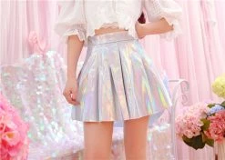 Unzzy Harajuku Laser PU High Waist Pleated Skirt KF20055
