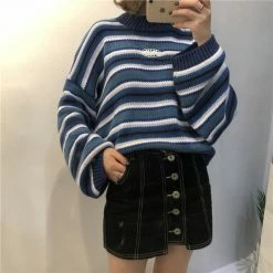 Unzzy Oversize Blue Striped Sweater KF50008