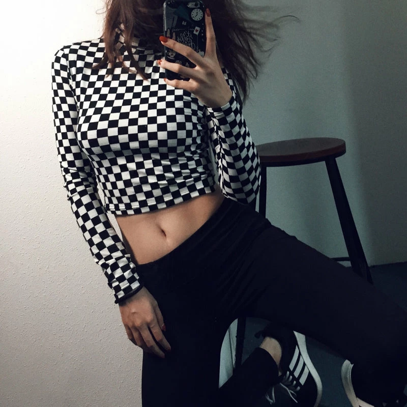 Unzzy High Collar Plaid Long-sleeved T-shirt KF20067 9 Unzzy High Collar Plaid Long-sleeved T-shirt KF20067