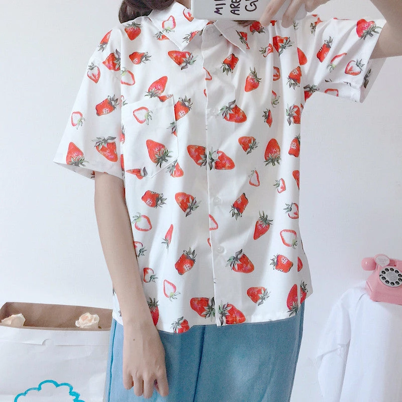 Unzzy Fruit Strawberry Print Short Sleeve Top + Jeans KF30235 HOT SALE 5 Unzzy Fruit Strawberry Print Short Sleeve Top + Jeans KF30235 HOT SALE