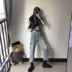 Unzzy HOT SALE Broken Hole Blue Jeans KF80091