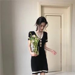 Unzzy V-neck Short-sleeved Knit Dress KF2356 HOT SALE