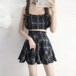 Unzzy Black Plaid Two-piece Set KF90488