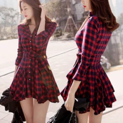 Unzzy Fashionable Red Plaid Dress KF26006