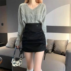 Unzzy HOT SALE Black Drawstring Pleated Skirt KF50136 10 Unzzy HOT SALE Black Drawstring Pleated Skirt KF50136