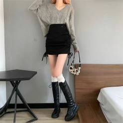 Unzzy HOT SALE Black Drawstring Pleated Skirt KF50136 12 Unzzy HOT SALE Black Drawstring Pleated Skirt KF50136
