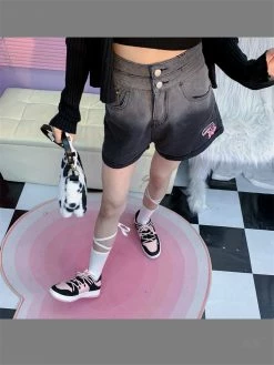 Unzzy Black Gradient Denim Shorts KF82752 HOT SALE