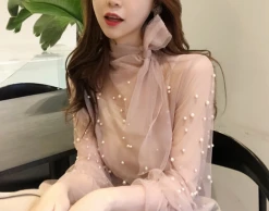 Kfashionstyle HOT SALE See Through Pearl Bowtie Blouse KF30104