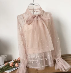 Kfashionstyle HOT SALE See Through Pearl Bowtie Blouse KF30104