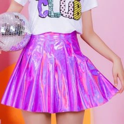 Unzzy Harajuku Laser PU High Waist Pleated Skirt KF20055