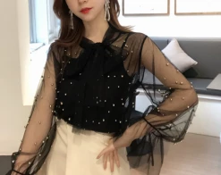 Kfashionstyle HOT SALE See Through Pearl Bowtie Blouse KF30104
